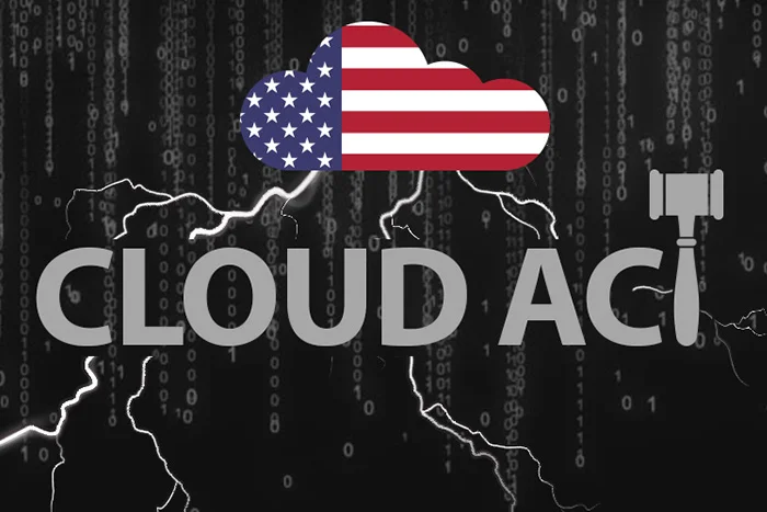 Visuel représentant un nuage dans lequel se trouve un drapeau américain et les mots cloud act