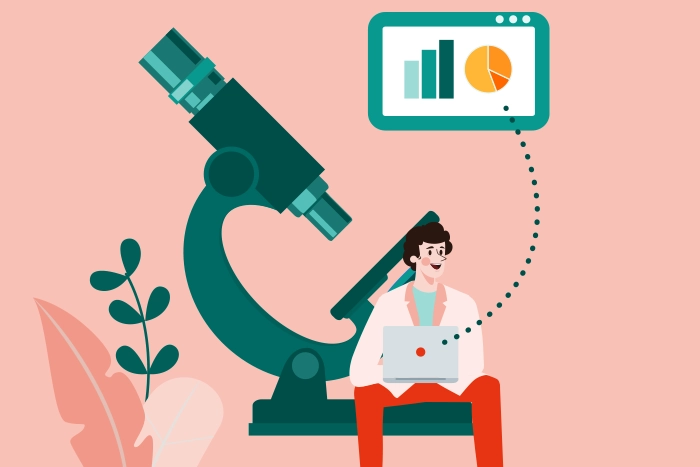 Illustration pour le secteur des dispositifs médicaux représentant un microscope avec un pharmacien assis tenant un ordinateur sur ses genoux