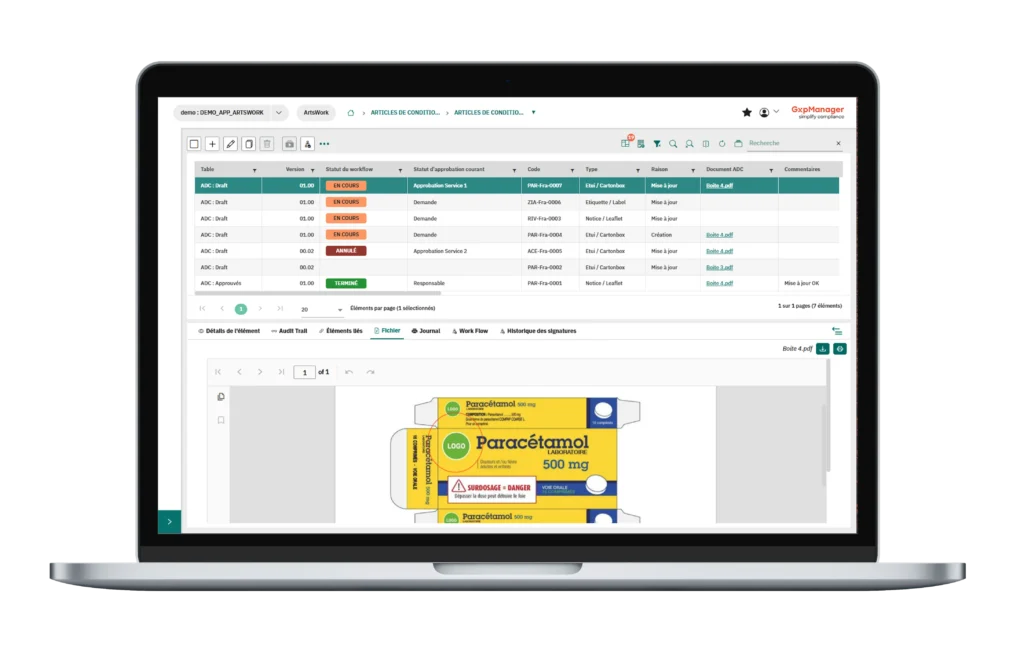 apperçu de l'application de gestion des articles de conditionnement - GxpManager